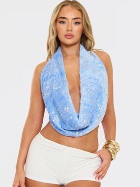 EGO Cowl Neck Tie Back Top In Baby Blue Sequin